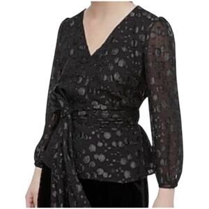 J. Crew Tie-Waist V-Neck Blouse Women's Medium Black Metallic Dot Jacquard